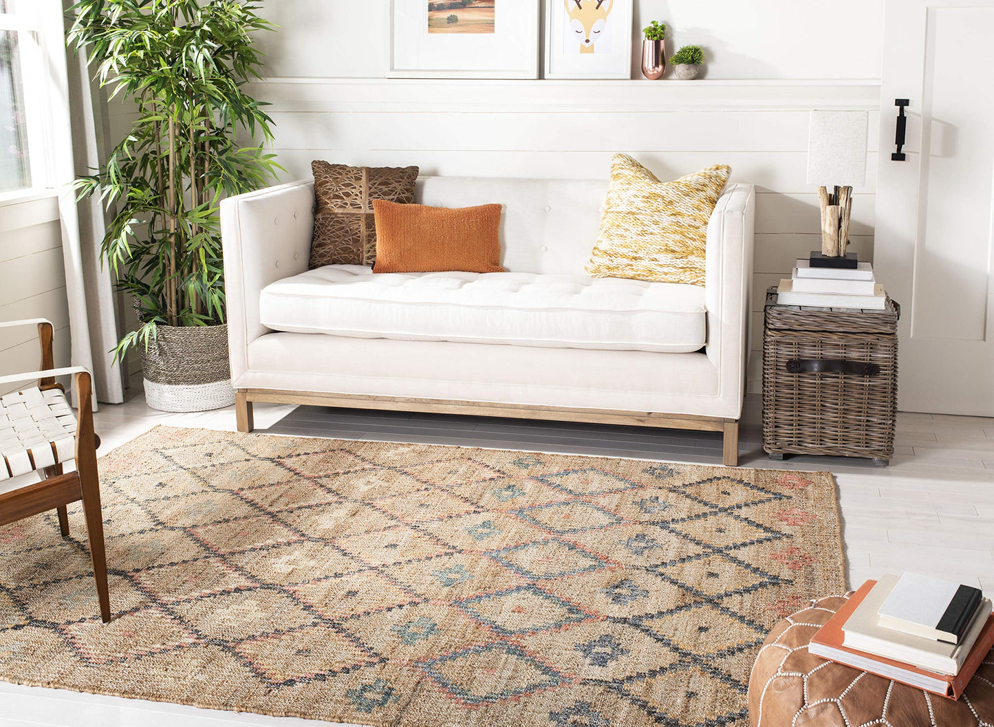 SAFAVIEH Area Rug 8x10 - Kilim Collection - Large - Natural & Blue, Handmade Jute & Cotton, Moroccan Boho Design, Ideal for Living Room, Bedroom, Office, Dining Space (KLM753A)