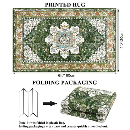 Ileading Bohemian Vintage Area Rug 4x6ft, Machine Washable Low-Pile Accent Carpet, Non-Shedding Non-Slip Living Room Floor Throw Rugs for Bedroom,Dining Room,Kids Playroom,Rv,Office(Green)