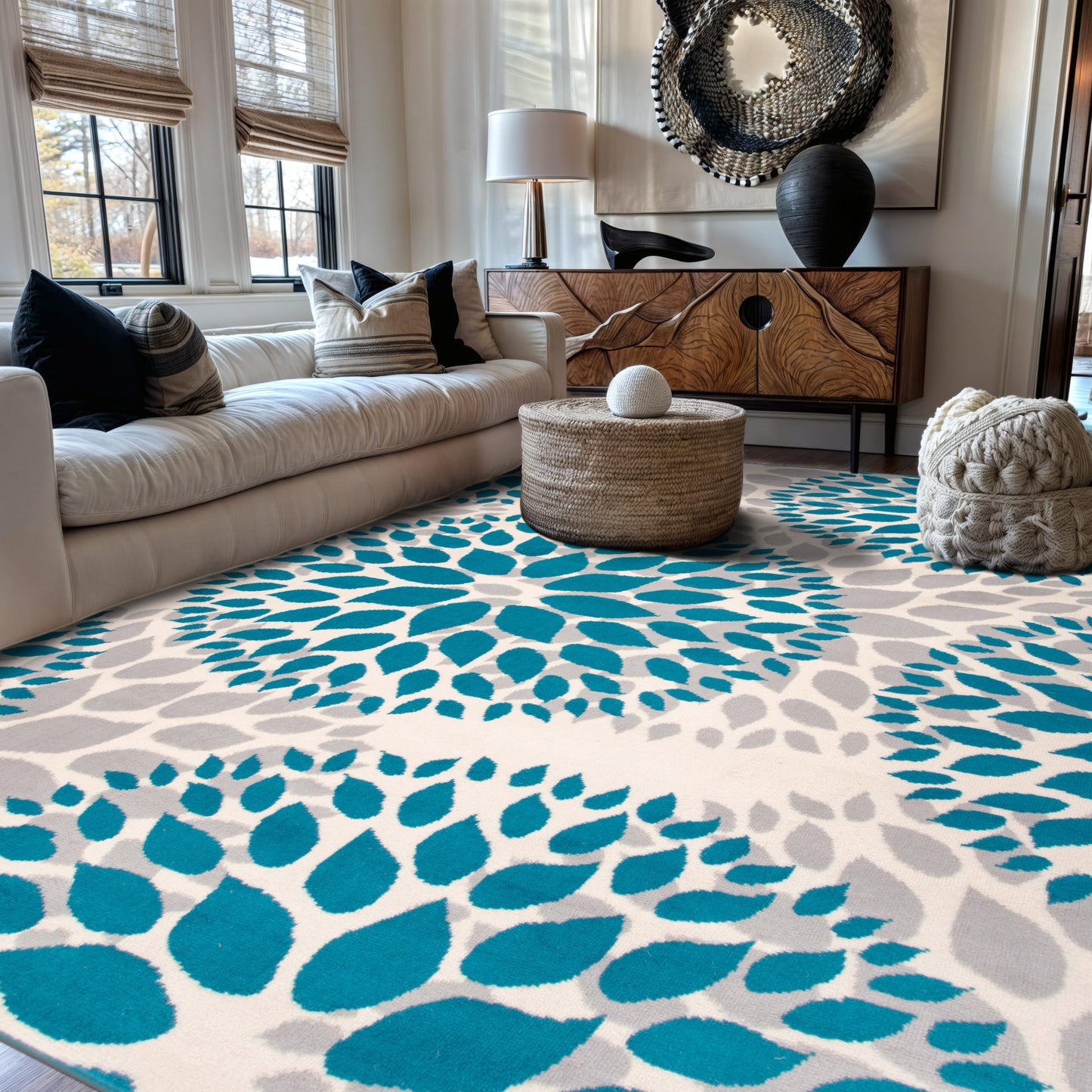 Rugshop Modern Floral Circles Design Easy Cleaning for Living Room,Bedroom,Home Office,Kitchen Non Shedding Area Rug 5' x 7' Blue
