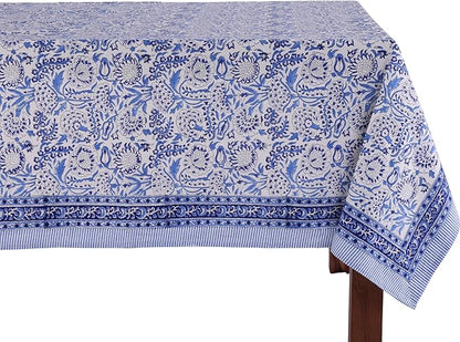 ATOSII Indigo Bloom 100% Cotton Spring Summer Tablecloth, Block Print Square Table Cover for Dining, Parties, Weddings, Outdoors, Grand Millenial Decor 60 X 60 Inches I 4 Seater