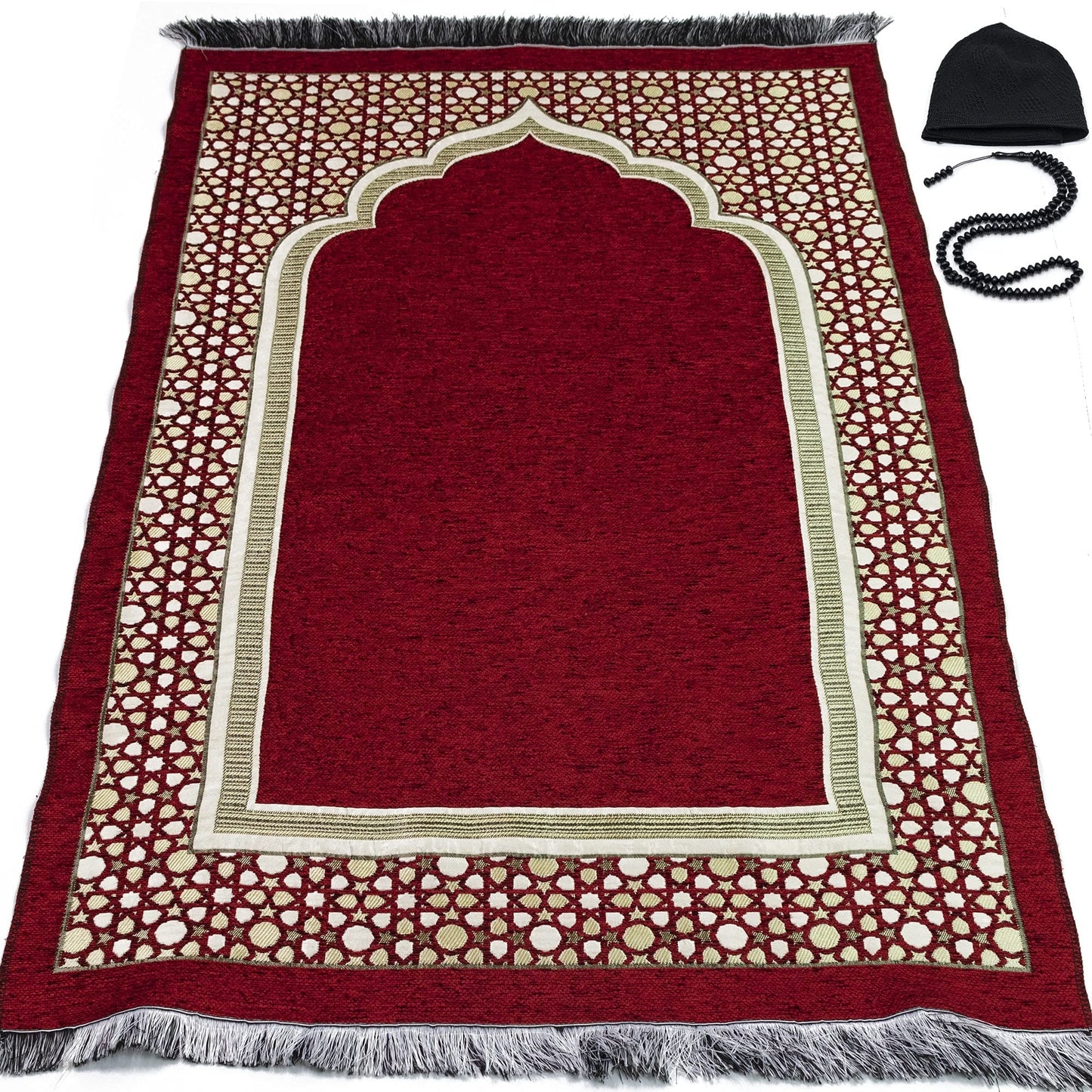 Modefa Turkish Islamic Prayer Mat - Thin Woven Chenille Sajjadah - Intricate Praying Rug Ramadan Eid Gift - Traditional Muslim Janamaz Sajada for Men Women - Geometric Selcuk Star (Red)