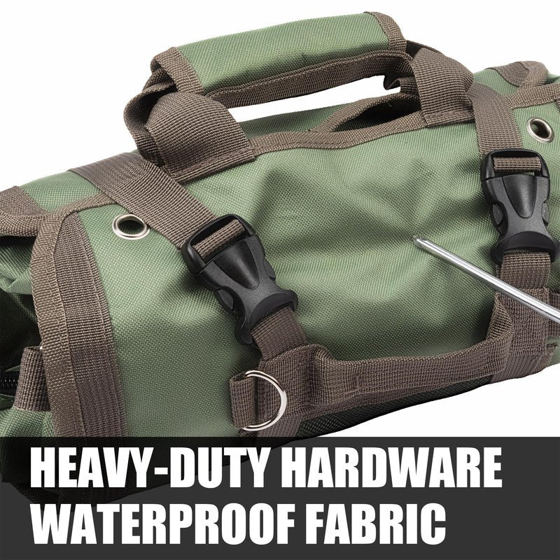 Portable Roll up Tool Bag, Heavy Duty Tool Organizer Bag with 5 Compartments & 2 Detachable Pouches for Tool Storage, Water Resistant Foldable Tool Roll Bag for Dad Men Electrician Mechanic Gift