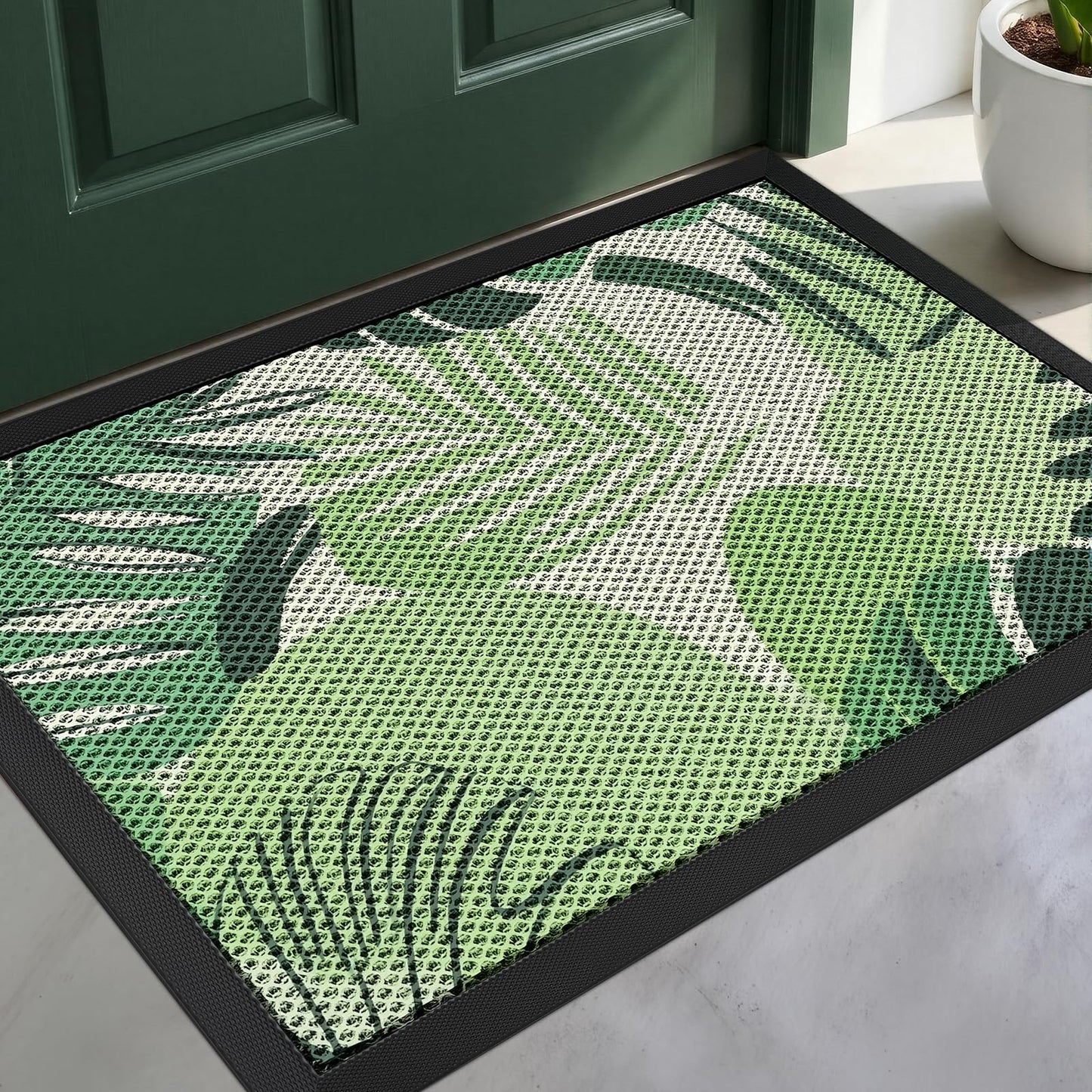 WELDUN Front Door Mat, Heavy Duty Non-Slip Rubber Dirt Trapper, Quick-Dry Low-Profile Washable Easy Clean, Welcome Mat for Indoor Outdoor Entryway Porch Patio Garage Mudroom 35.5"x24", Green Leaves