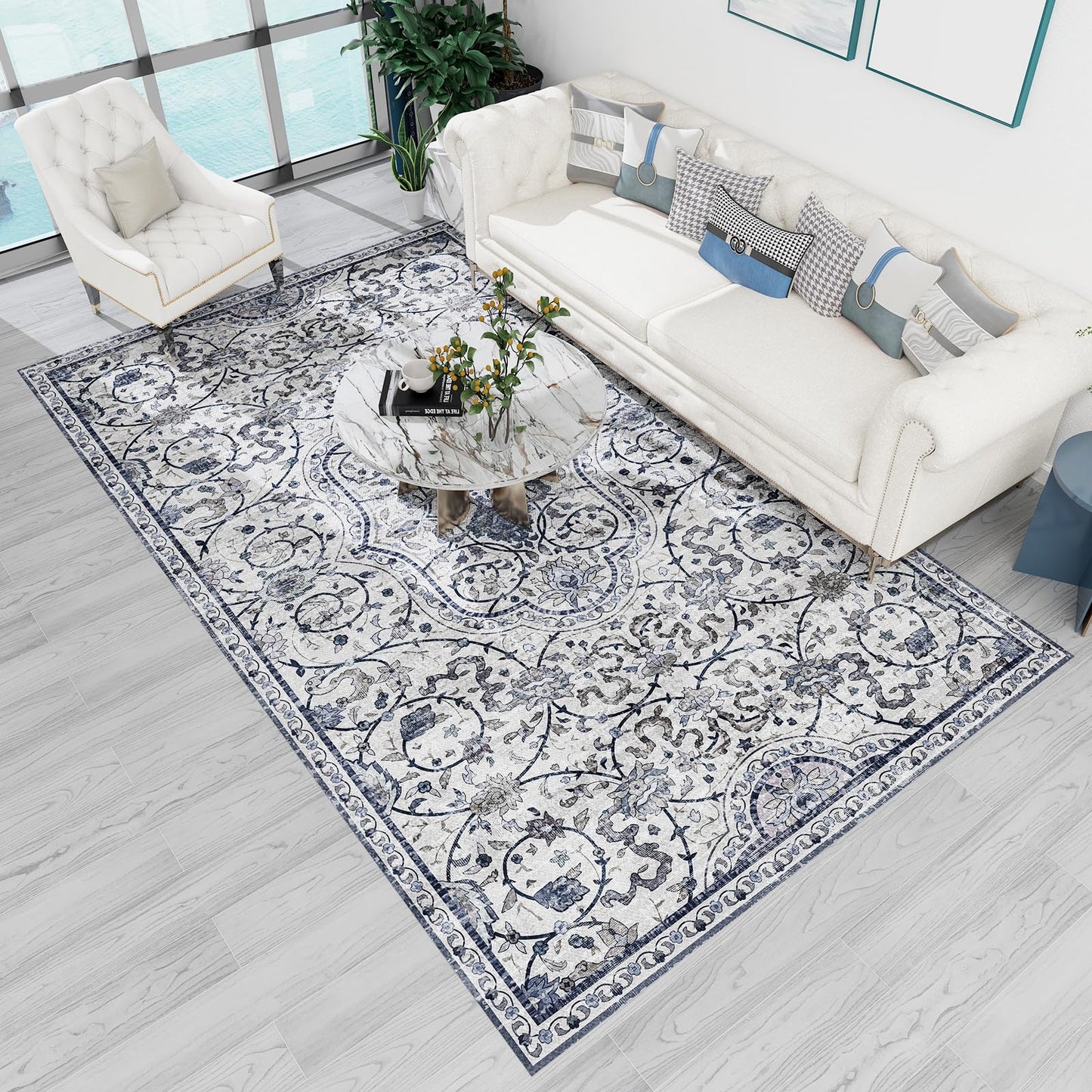 SALLOUS Vinyl Floor Mat for Home, 5' x 8' Waterproof Area Rug for Living Room, Non-Slip Area Rug for Under Dining Table, Vinyl Hard Floor Protector Mat for Bedroom, Kitchen, Bathroom (Grayish Blue)