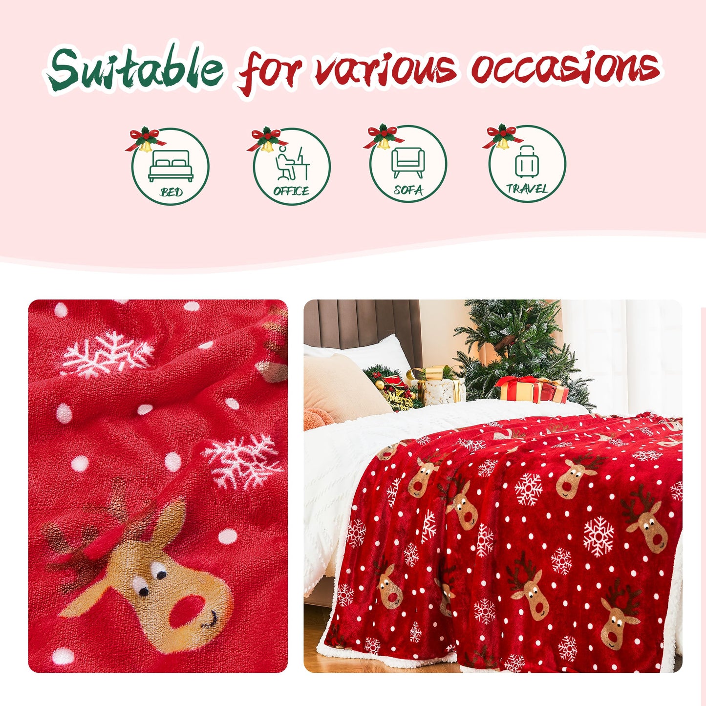 Ramees Christmas Throw Blanket, Christmas Decorations Blankets and Throws, Fuzzy Cozy Soft Warm Fleece Sherpa Winter Holiday Blanket for Bed Couch Sofa Reindeer Snowflakes