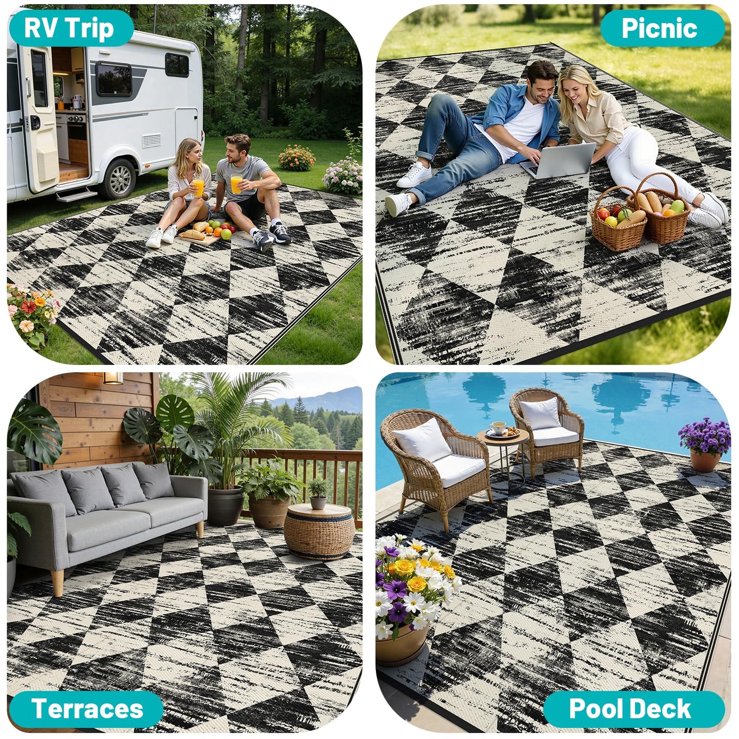 HEBE Checkered Outdoor Rug Waterproof 8x10, Reversible Plastic Straw Rug RV Camping Rug, Indoor Outdoor Patio Mat Clearance, Outside Carpet for Porch, Deck, Camper, Balcony, Backyard, Picnic