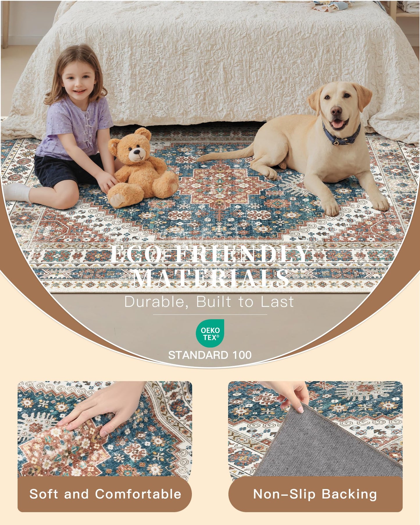 Madane Runner Rug 2'6''x8' Kitchen Runner, Hallway Runner Printed Vintage Washable Rugs Soft Non-Slip Low Pile 2.5x8 ft Runners for Hallways Laundry Room Rug Distressed Rug, Navy Blue
