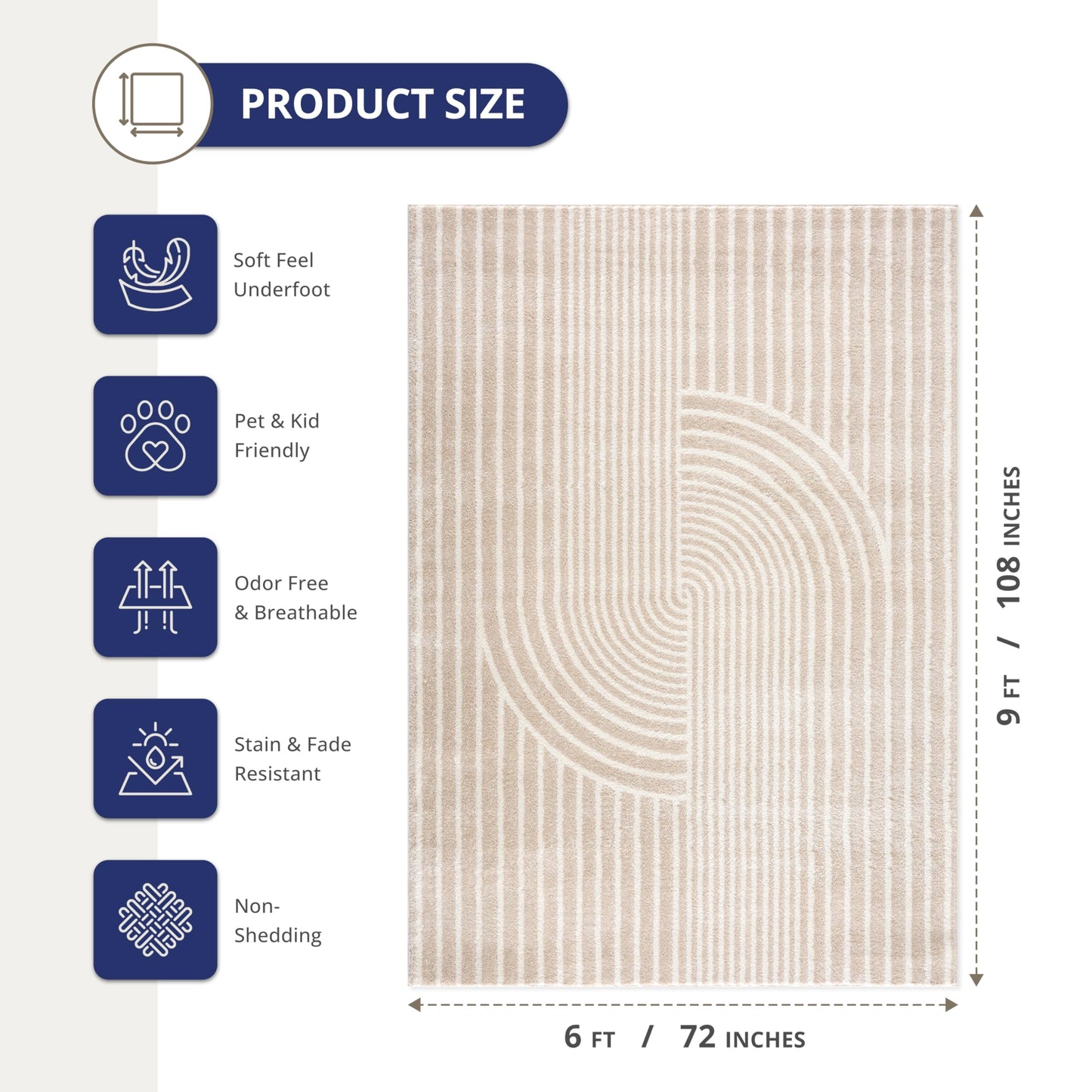 Abani Area Rug for Living Room -Nuevo 6' x 9' Beige Arch Pattern Area Rug, Soft and Durable Living Room Rug, Stain and Fade Resistant, Chic Modern Design, Pet & Kid Friendly