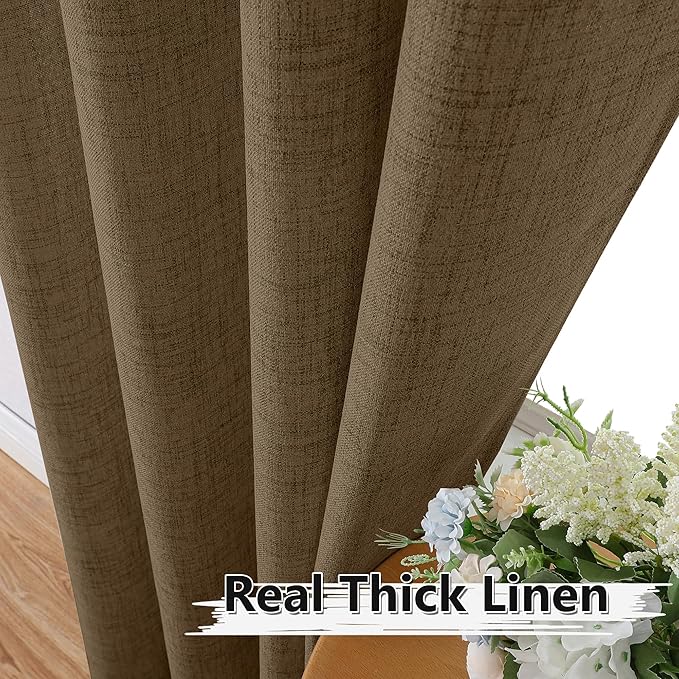Tollpiz Short Linen Curtains Living Room Rod Pocket Semi Sheer Curtain Burlap Light Filtering Thick Linen Drapes for Bedroom, 54 x 54 inches Long, Brown, Set of 2 Panels