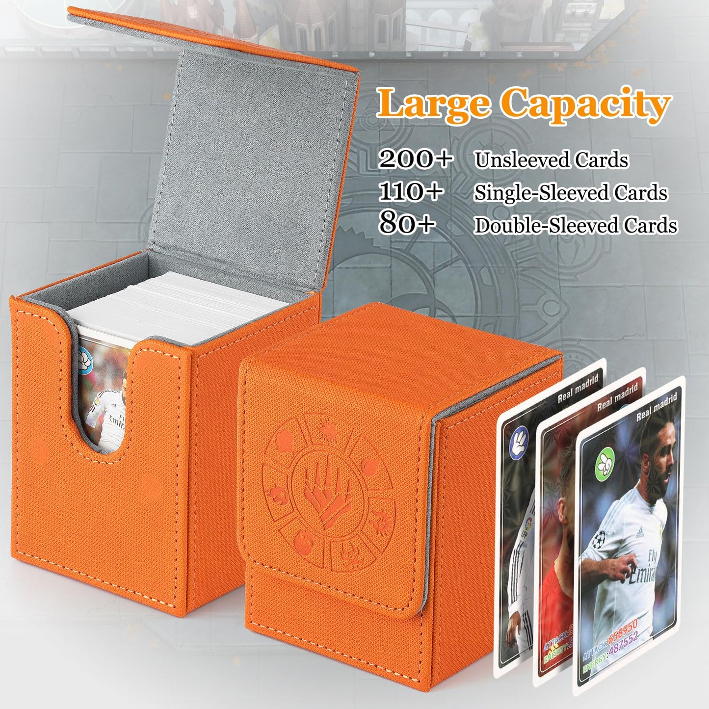Arkeiliy Card Deck Box, 110+ Storage MTG Deck Box with 50 Pcs Card Sleeve, Collectible Trading Card Cases for Magic Commander and More (Orange)