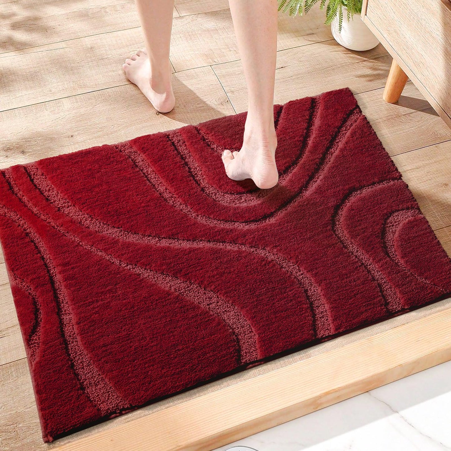 DEXDE Bathroom Rugs Mat, Soft Plush Shaggy Microfiber Bath Rug Non Slip Bath Mats for Bathroom Floor, Machine Washable Absorbent Carpet for Shower Tub, Burgundy Red 20"x32"
