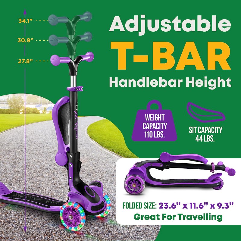 3 Wheel Scooter for Kids with Foldable Seat, Adjustable Handlebar Height, Lean-to-Steer Ride On Toy for Kids Ages 2+, Light-Up LED Wheels, Wide Anti Slip Deck, Indoor & Outdoor Use, Purple