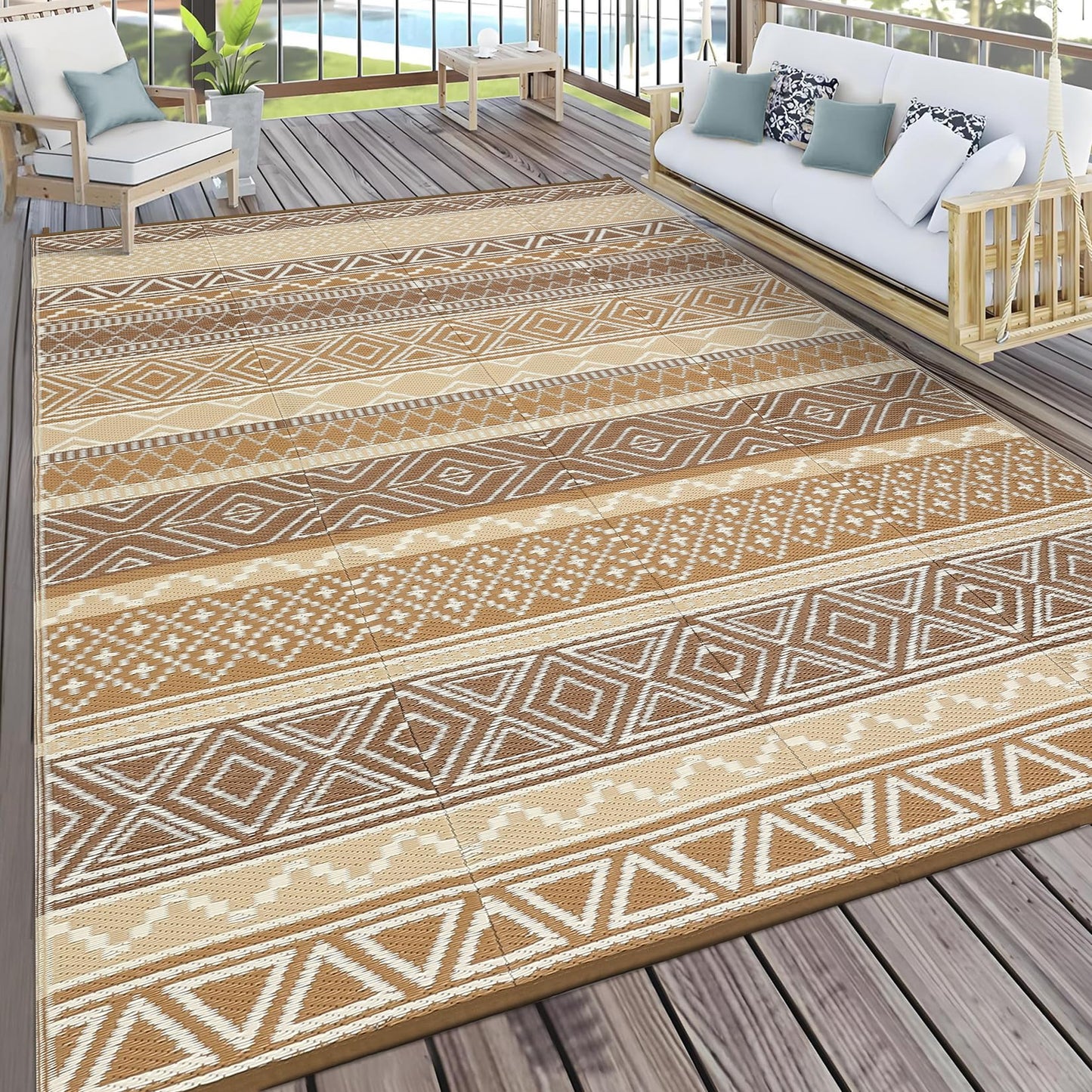 Garvee Outdoor Rug 9x18 Waterproo Large Outdoor Camping Rug Reversible Rv Patio Mats Black Gray Outdoor Plastic Straw Outdoor Rugs Clean Easily Large Patio Mat for RV, Deck, Camping,Brown/Tan