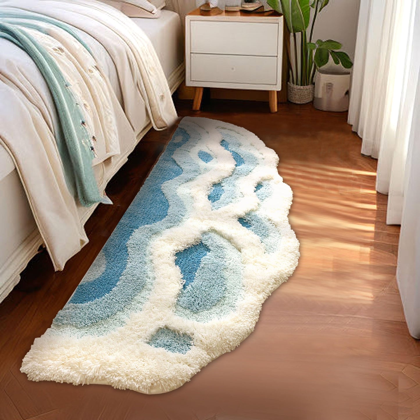 ZSHIFANG Soft Shag 3D Stereo Wave Moss Bedside Rug 20"×36" Cute Navy Blue Runner Rug Non Slip Washable Bathroom Rugs Bath Mats for Bedroom Bathroom Hallway Home Decor Indoor Doormat Shower Mat