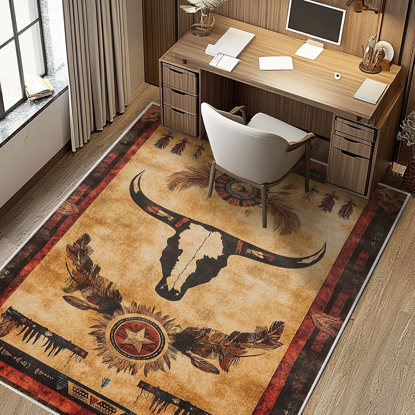 Western Area Rug Southwestern Cow Washable 5x7 Navajo Tribal Rugs for Living Room Bedroom Cowboy Rustic Non-Slip Soft Floor Large Carpet for Office Entryway Bathroom