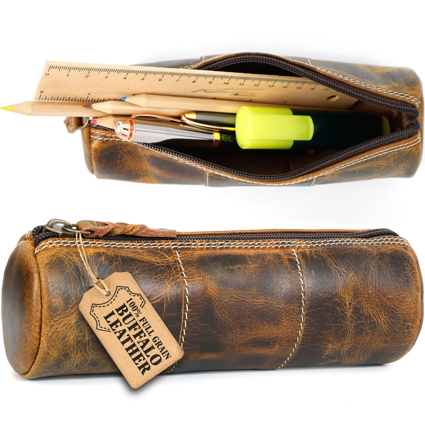 LEATHER TOWN Leather Pencil Case - Full Grain Leather Zippered Pen Pouch - Bag Pen Holder for Work & Office (Antique Brown)