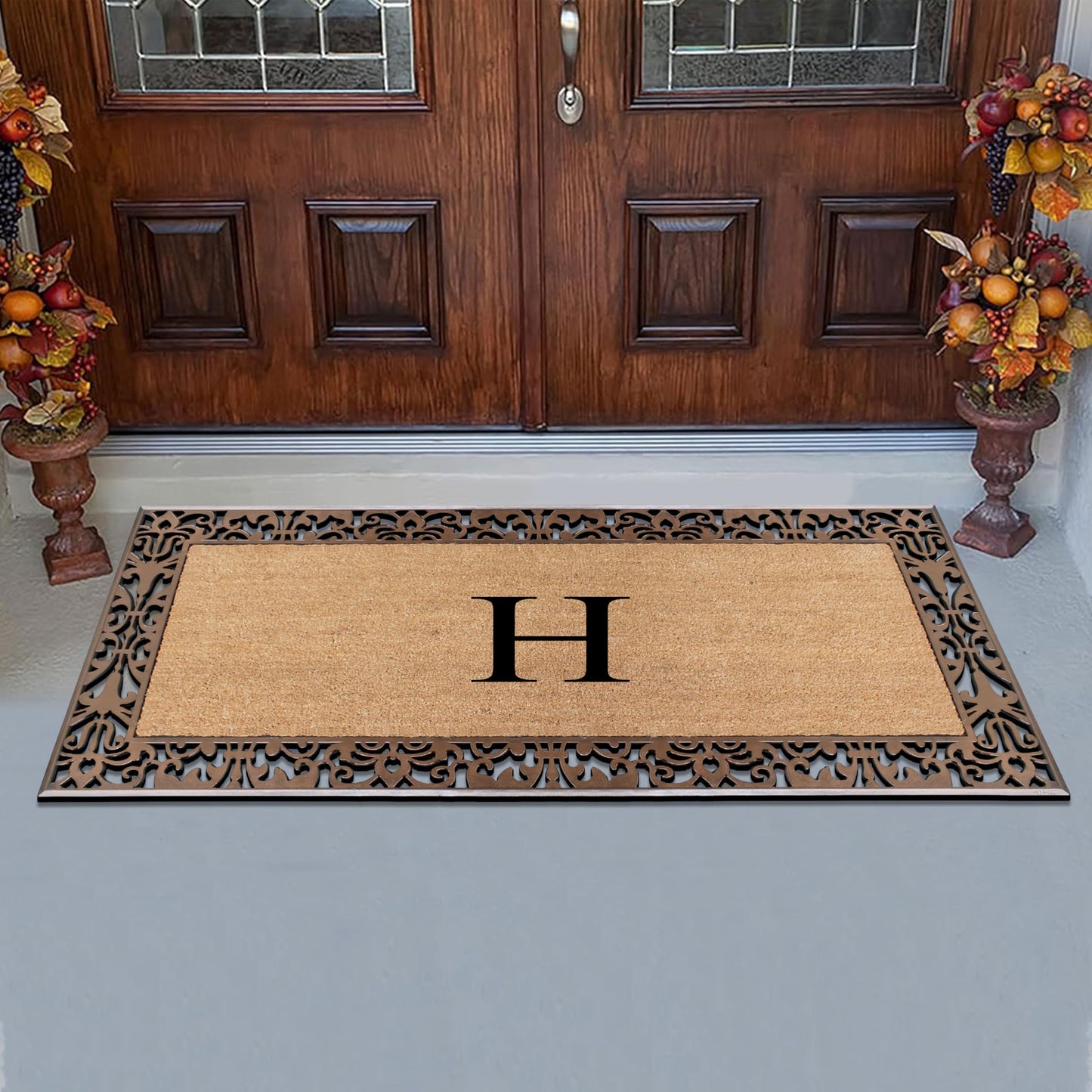 A1HC Natural Coir Doormat for Outside Entrance, Anti-Shed Treated Front Door Mat 30" x 60", Long Lasting Front Porch Entry Matt Monogrammed - H (Plain Bronze)
