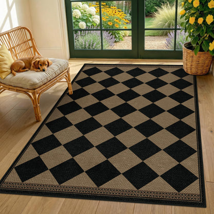 Black & Brown Checkered Easy Jute Outdoor Rug 4x6 for Porch Patio, Washable Non-Slip Diamond Checkerboard Entryway Office and Backyard Boho Border Rug, Farmhouse Low Pile Indoor Carpet for Living Room