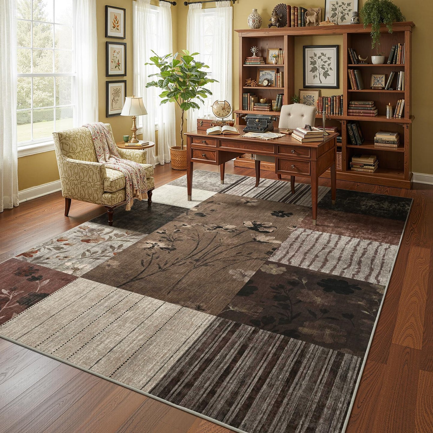DweIke Area Rugs 4'x6' Washable Brown Rug for Living Room, Non-Slip Modern Geometric Patchwork Stain Resistant Indoor Throw Carpet for Bedroom Dining Room Farmhouse Office Decor