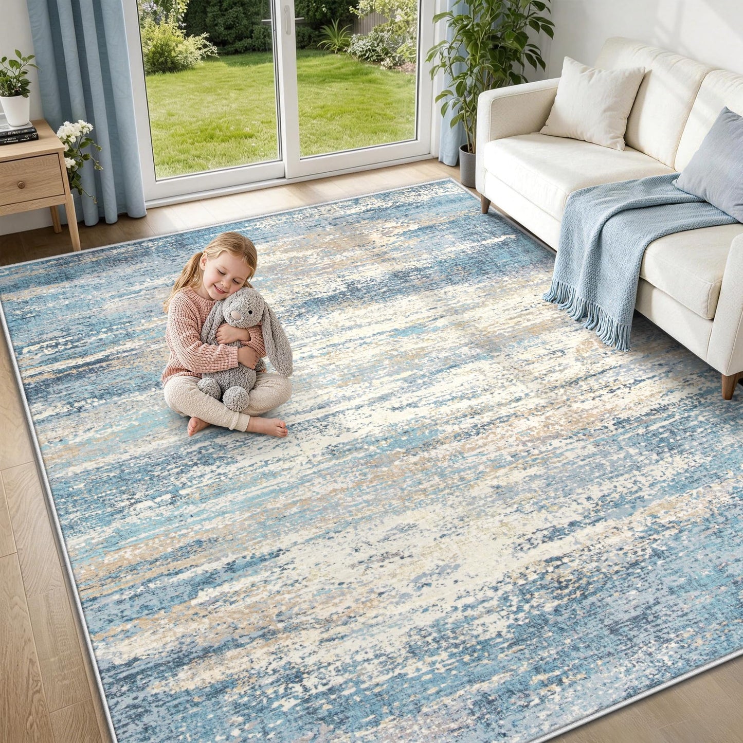 5x7 Area Rugs for Living Room: Washable Modern Abstract Rug Neutral Non-Slip Soft Low-Pile Indoor Carpet for Bedroom Nursery Dining Room Home Office (Blue Grey, 5'x7')