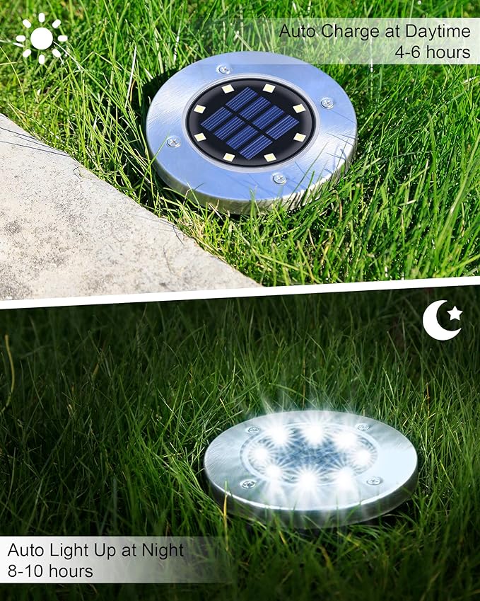 UFOND 8 Pack Solar Ground Lights, Outdoor Waterproof Garden Light Decor, Disk Solar Deck Light, Landscape Lighting for Patio Pathway Yard,Outdoor Lights (Cold White)