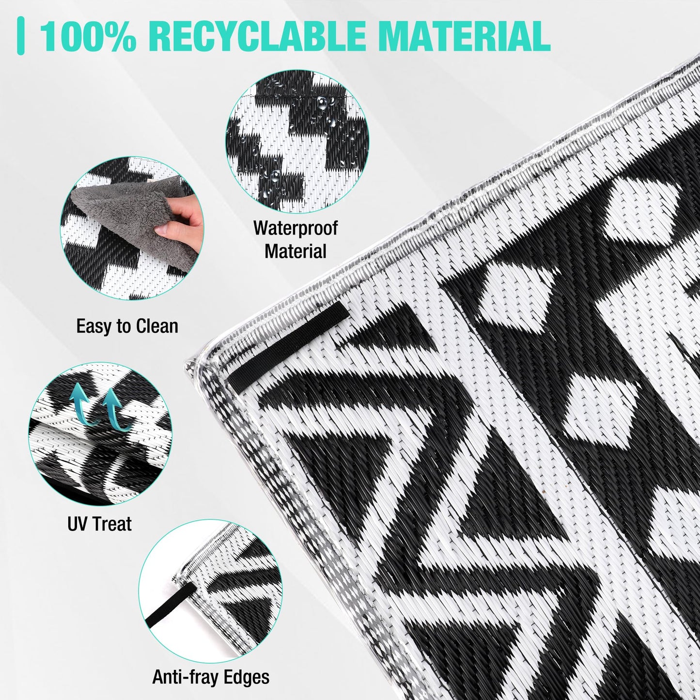 HAUSHOF 5'X8' Outdoor Rug Waterproof with LED Strip Light, Reversible Outdoor Plastic Straw Rug, Patio Rug with 4 Rug Stakes, Outdoor Carpet Mat for RV, Camping, Beach, Porch, Balcony, Black&White