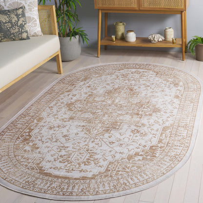 SAFAVIEH Washable Rug Arizona Collection - 5' x 8' Oval, Beige & Gold, Slip Resistant & Easy to Clean, Ideal for Living Room, Bedroom, Home Office, Dining Space (ARZ127B)