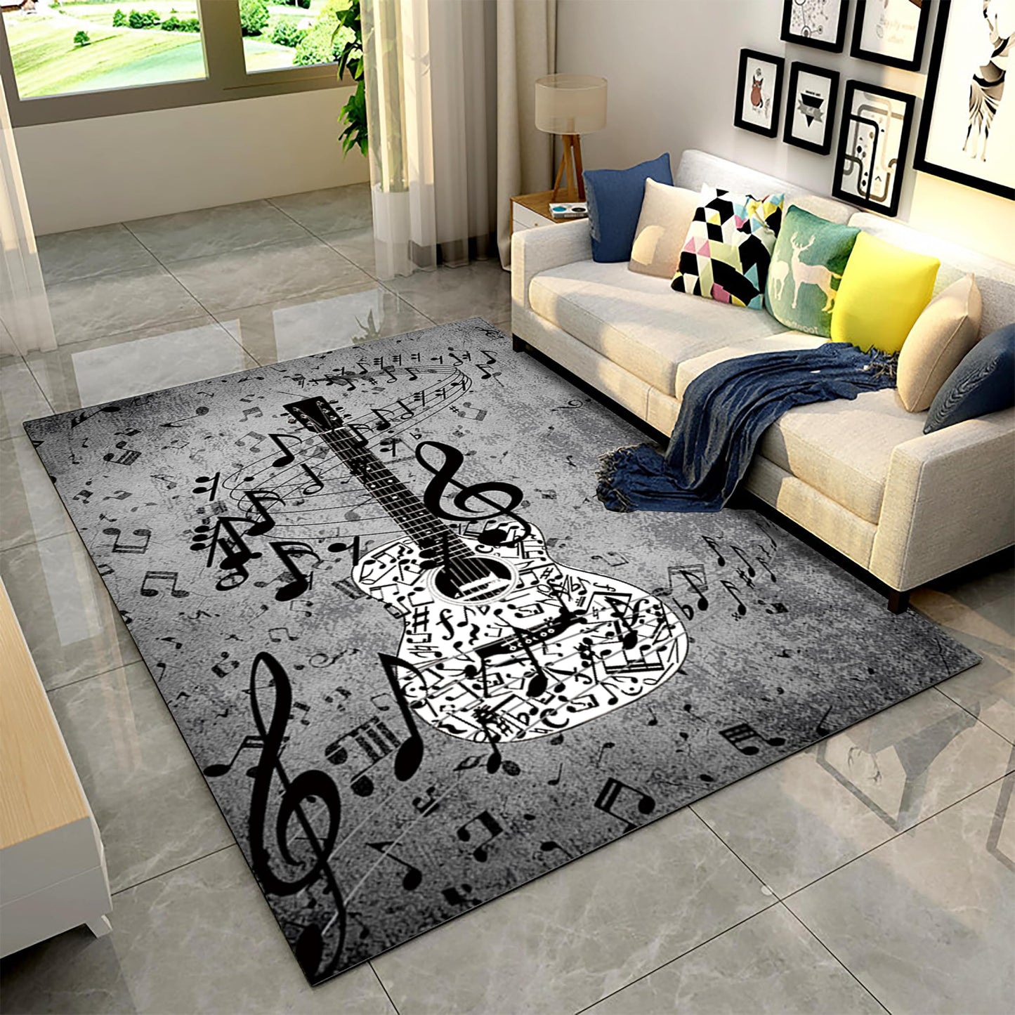 Music Musical Note Area Rug, 4x5ft, Gray Guitar Bass Home Decor Carpet, Soft Durable Fade Resistant Machine Washable Carpets, with Non Slip Backing Non Slip Rugs for Family Living Room