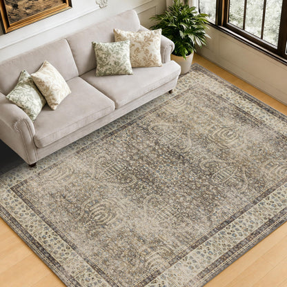 Brown 5x7 Area Rugs for Living Room, Vintage Washable Rugs with Non-Slip Backing, Low Pile Retro Soft Carpet for Bedroom, Study Room, Home Office, Dining Room, Brown