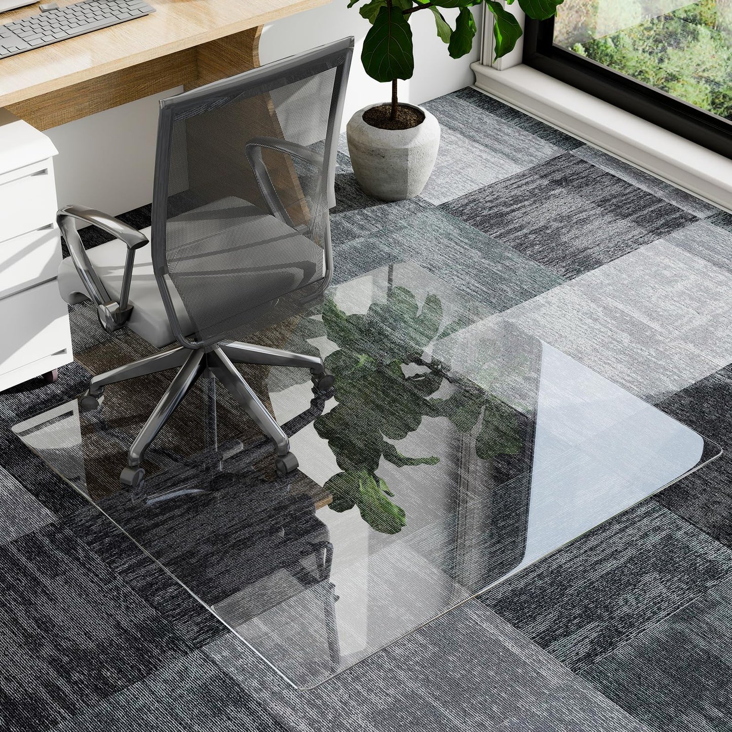 GLSLAND Irregular Tempered Glass Floor Mat - 36" x 48" Office Chair Mat for Carpet Clear Duty Hard Rolling Glass Mat 1/5" Thick for Hardwood Floor/Carpeted Floors, Clear