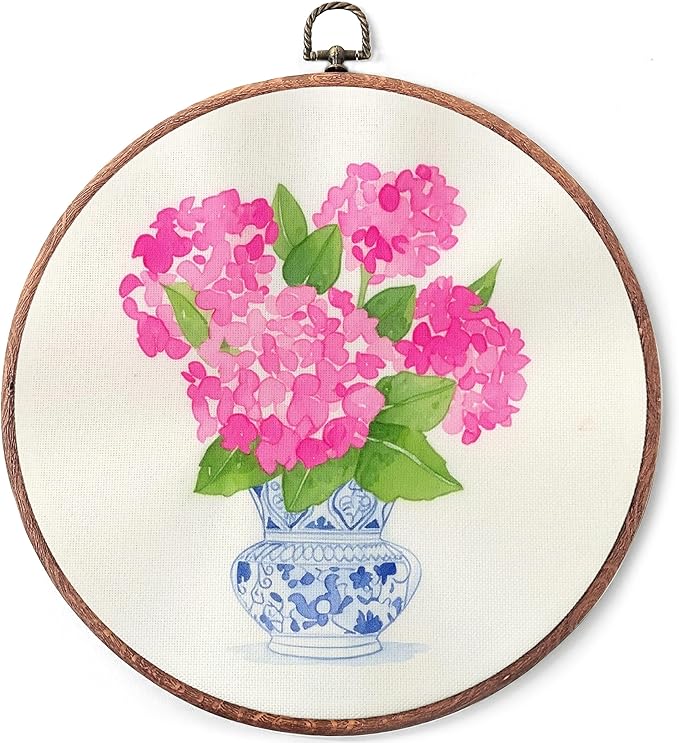 Threegoat Chinoiserie Spring Floral Framed Round Wall Art,Blue and White Hydrangea Flowers Wall Art Decor for Bedroom,Vintage Wall Hanging Decor for Grand Millenial Grandmillennial Home - A07