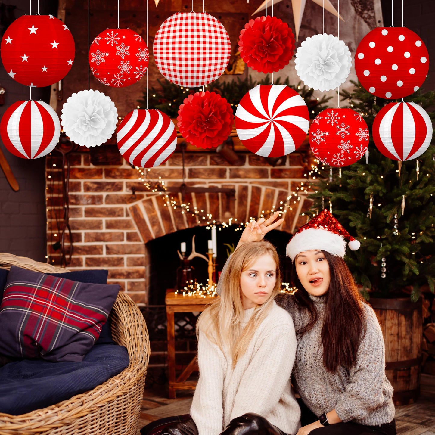 Renbuzhu 13PCS Christmas Decorations Ornaments Set – 9 Red White Hanging Paper Lanterns, 4 Pom Poms for Indoor, Home, Xmas Party, Porch Decor