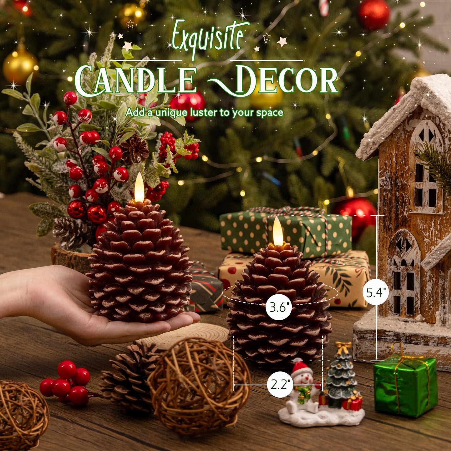AFINETH Christmas Pinecone Candles Flameless, Real Wax Battery Operated Pine Cone Candles with Remote, 2 Pack Flickering Led Candle Christmas Decorations for Winter Home Holiday Xmas Gift, Brown