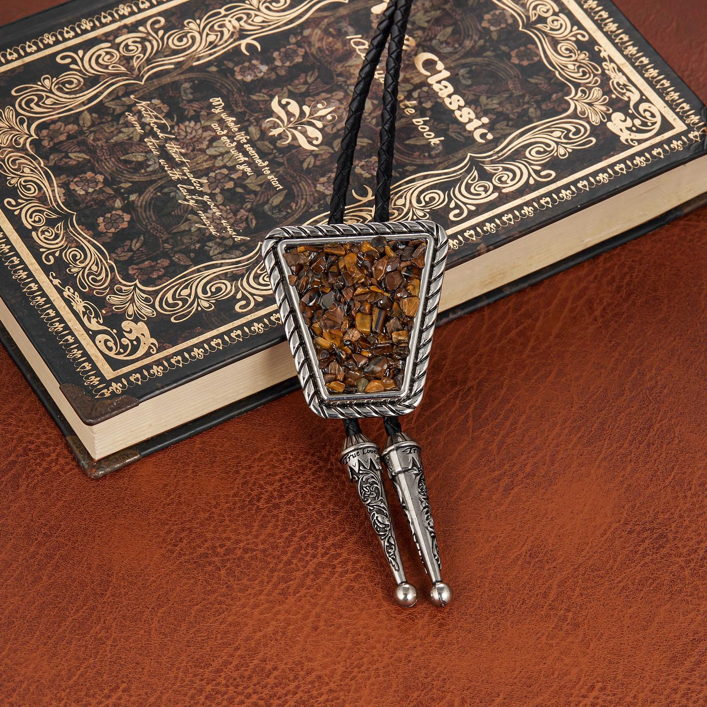 YOQUCOL Native American Brown Crushed Stone Bolo Tie Hand-woven Leather Bola Ties Necklace for Men Women