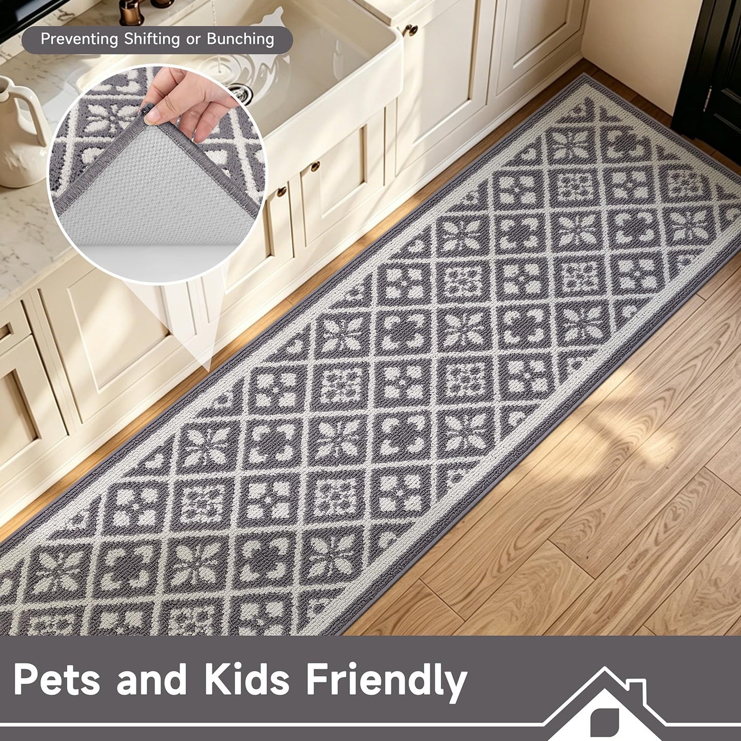 Ileading Hallway Runner Rug 2x10 ft,Washable Indoor Grey Entryway Carpet with Non Slip Rubber Backing,Low Pile Heavy Duty Kitchen Floor Mat for Entrance & High Traffic Areas