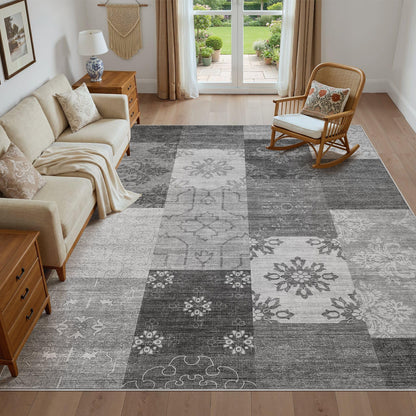 UERMEI 8x10 Area Rug Washable, Gray Modern Geometric Rugs for Living Room, Non-Slip Patchwork Carpet, Stain Resistant Low-Pile Foldable Rug for Bedroom Dining Room