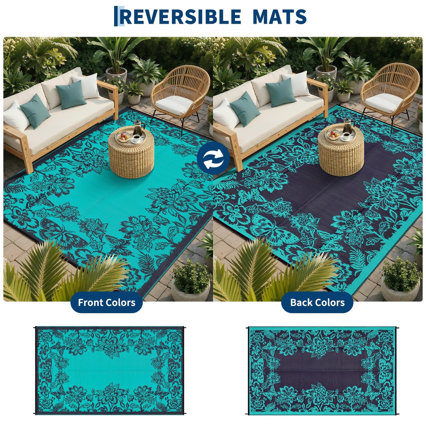 Garvee 5’x8’ Waterproof Patio Outdoor Rug, Outdoor Plastic Straw Rug for Camping, RV Mat Outside, Indoor Outdoor Carpet for Porch, Deck, Backyard, Balcony, Picnic, Dark Blue & Teal