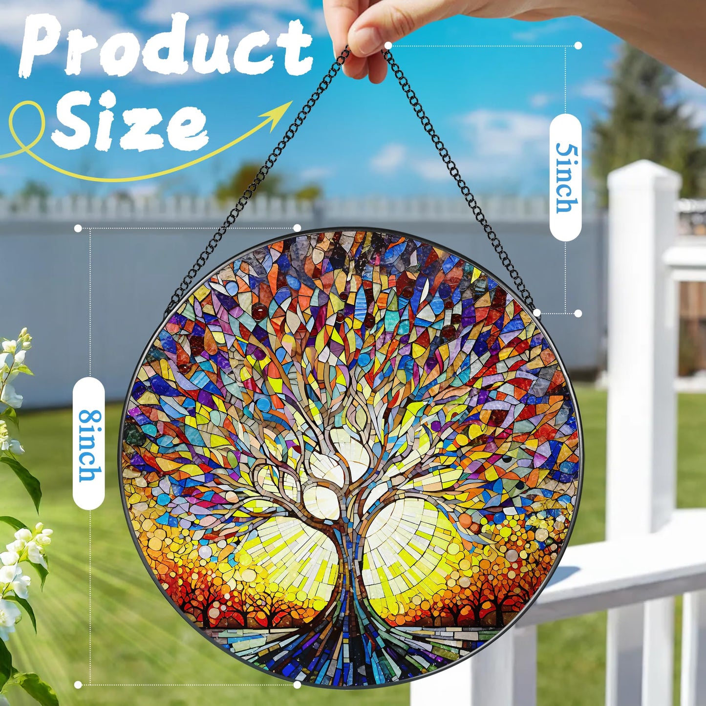 Stained Glass Window Hanging, 8 in Tree of Life Sun Catchers Indoor Window, Stained Glass Suncatcher, Gifts for Women, Her, Wife, Friend and Mom for Mother's Day, Christmas, Birthday