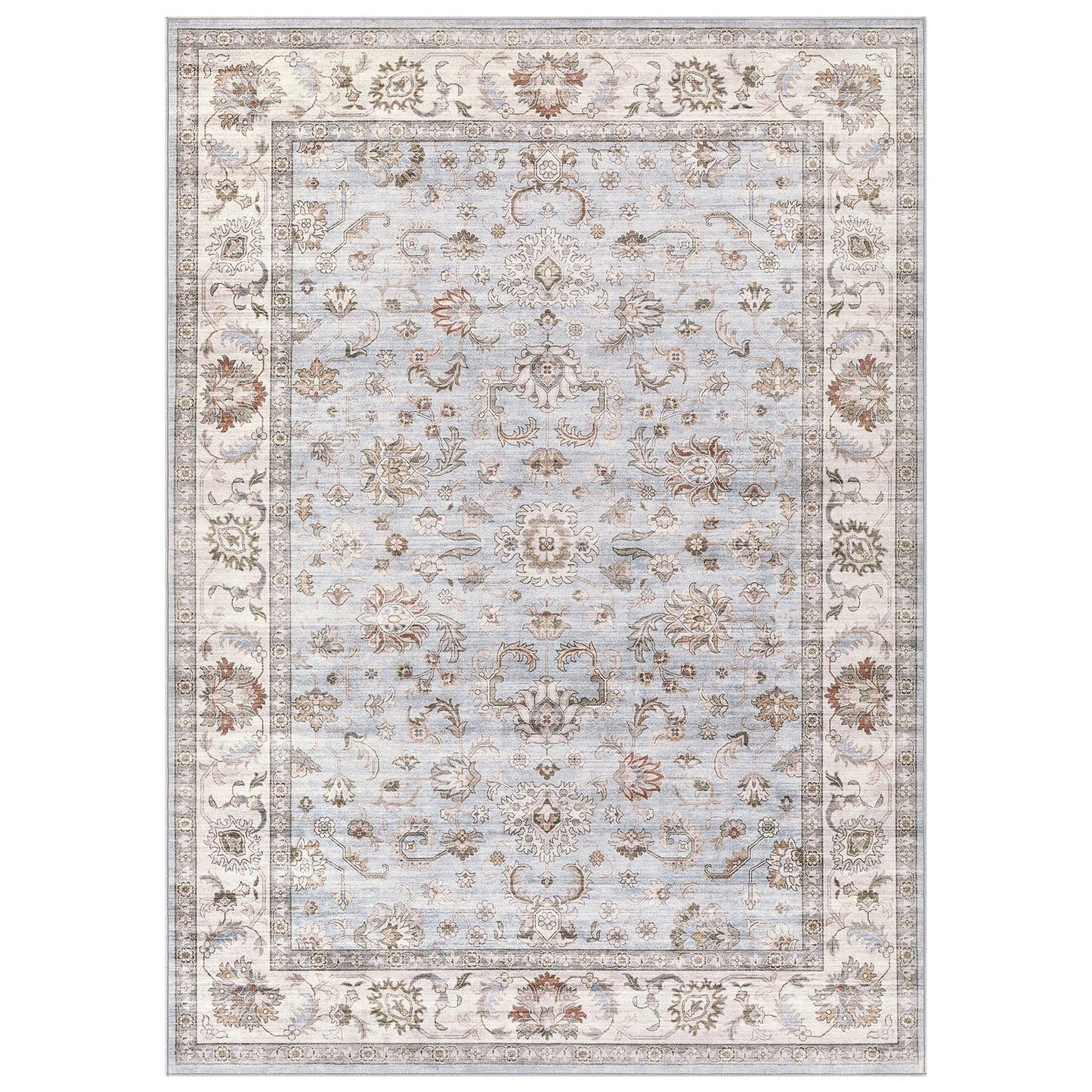 WITSHOCK 5x7 Vintage Floral Area Rug, Washable Non Slip Low Pile Carpet for Living Dining Bedroom Nursery, Stain Resistant, Vacuum Friendly Foldable, Pet & Kid Safe (Blue Gray)
