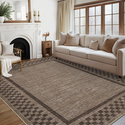 GarveeHome Machine Washable 5x7 Area Rugs Modern Bordered Living Room Rug Non Slip Checkered Geometric Bedroom Throw Carpet Soft Boho Rugs for Dining Room Nursery Home Office, Brown