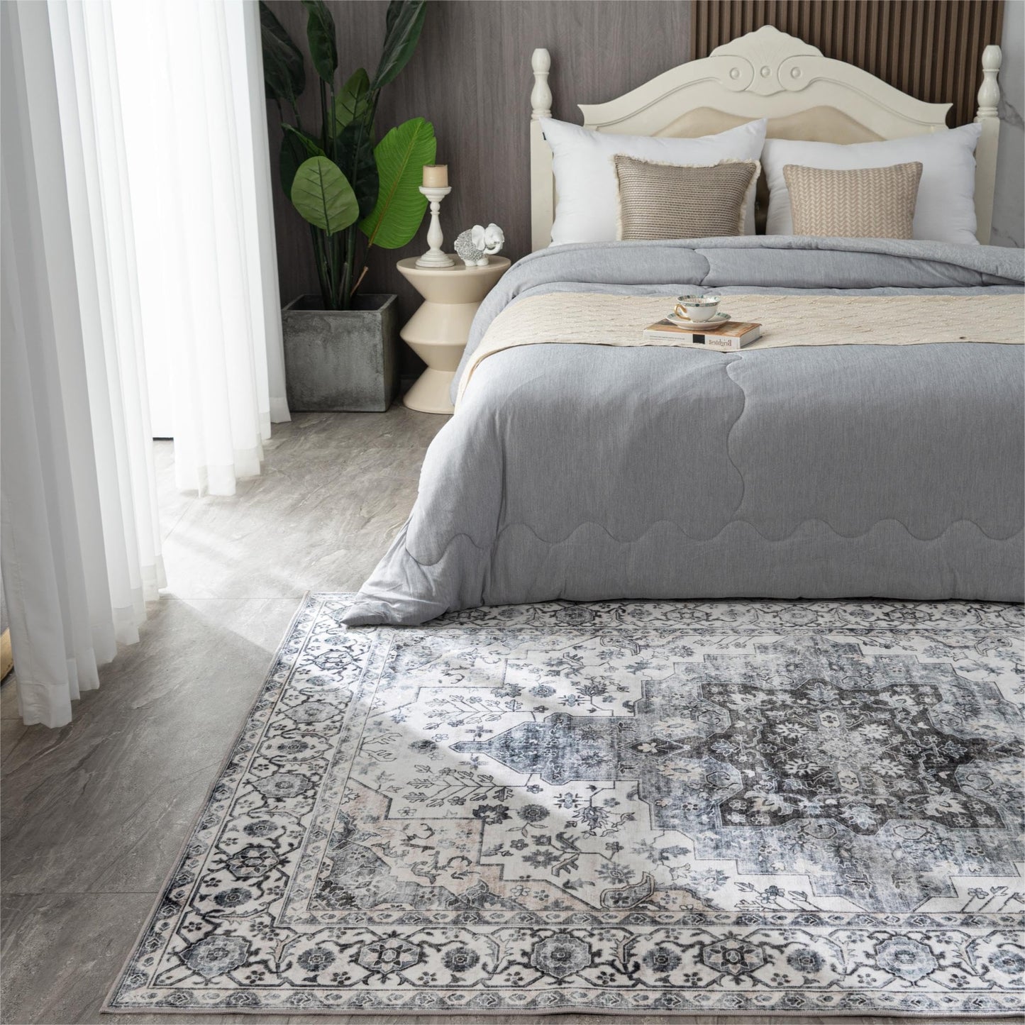Syalife 3x5 Washable Area Rug, Ultra Soft Non-Slip, Low Pile, Stain Resistant Vintage Area Rug for Living Room, Boho Carpet for Bedroom, Dining Room, Office, Foldable Entryway Rugs, Grey/White