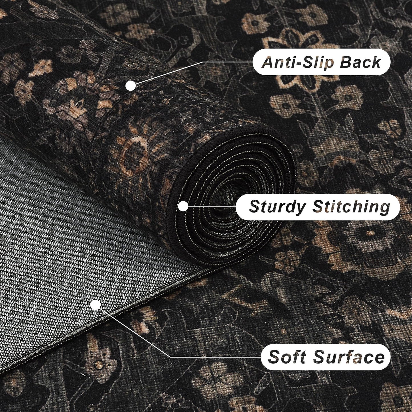 2x3 Entryway Rug Black Gold Washable Rugs for Entryway Kitchen Low Pile Non-Slip Door Mat Traditional Distressed Small Carpet for Kitchen Entrance Bathroom