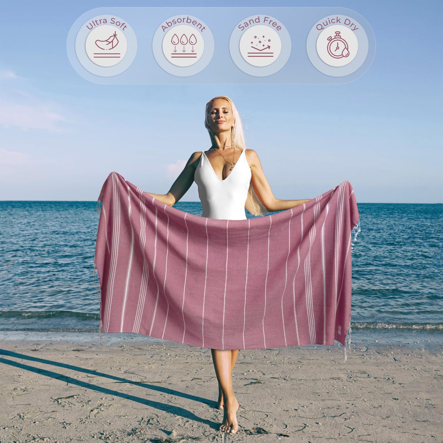 Ossano Turkish Beach Towel Soft & Drying Oversized (39" x 71") - Quick Dry, Versatile and Functional as Picnic, Travel and Beach Blanket, Yoga, Gym, Pool and Cruise Towels - Pink