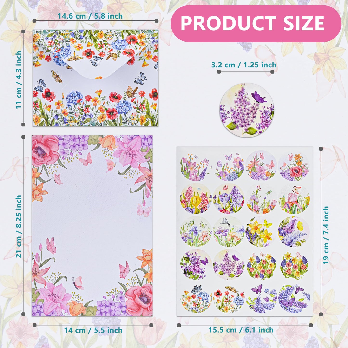 AUSTARK 160 Pieces Stationery Set (50 Pieces Stationery Paper 8.25 x 5.5 Inch, 50 Pieces Envelopes, 60 Sealed Stickers) for Letter Writing (Floral No-underline)