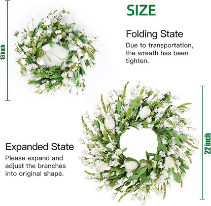 Sggvecsy Spring Summer Wreath for Front Door 22 Inch Artificial White Flower with White Tulips Greenery Leaves Lavender for All Seasons Home Farmhouse Indoor Outdoor Wall Decor