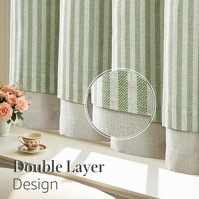 jinchan Double Layer Striped Linen Kitchen Tier Curtain Rustic Cafe for Living Room Bathroom Half Window Curtain Light Filtering Rod Pocket 1 Panel 36 Inch Sage Green