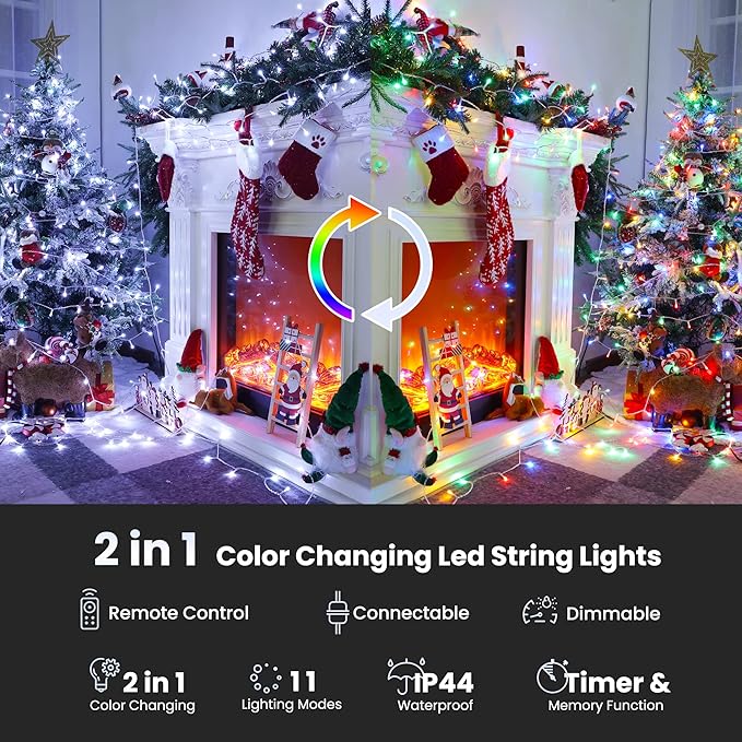 Color Changing Christmas Lights, 338ft 1000 LED White & Multicolor String Lights with Remote, 11 Modes Waterproof for Christmas Party, Garden, Xmas Tree Decorations