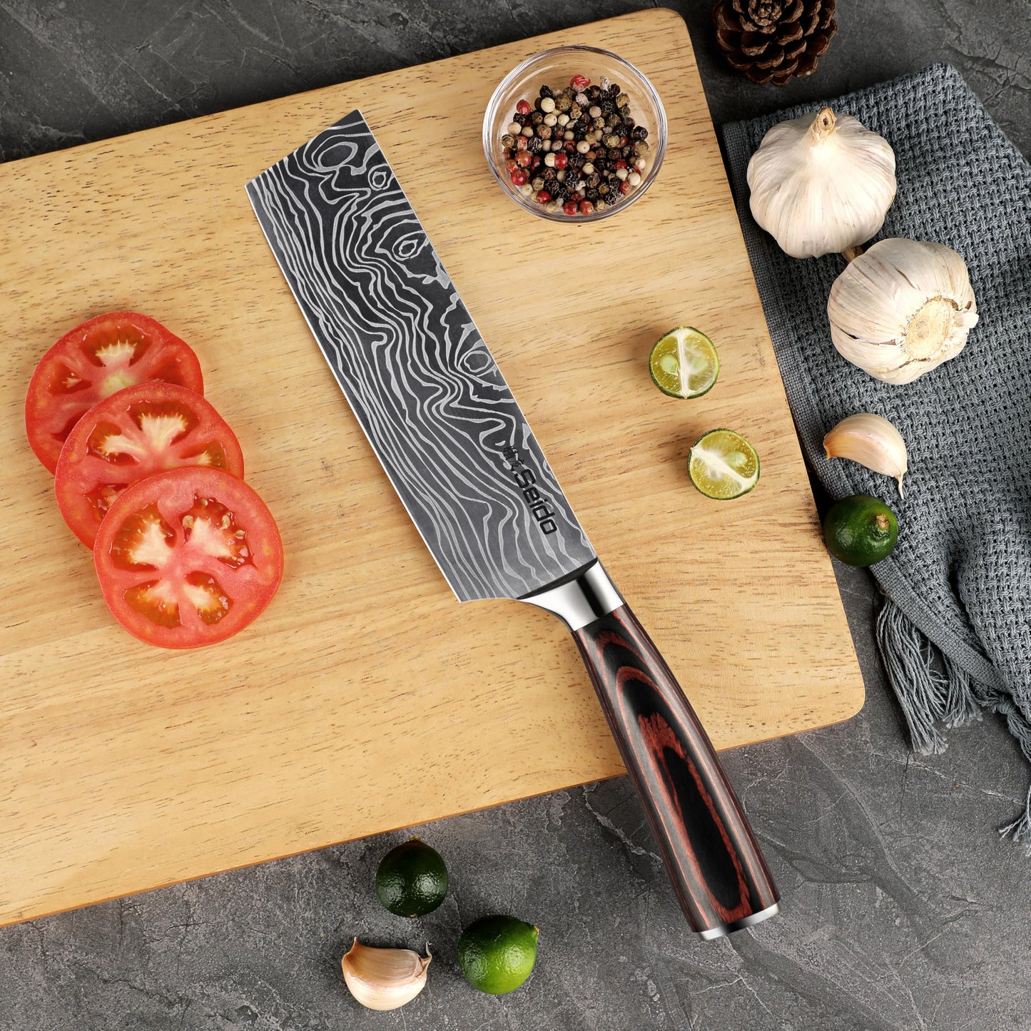 Seido Knives Master 7 Inch Nakiri Knife – High Carbon Stainless Steel Damascus Pattern Blade Full-Tang Balance Ergonomic Pakkawood Handle