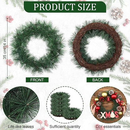 Zeyune Christmas DIY Green Wreath 14 Inch Artificial Christmas Wreaths Faux Plain Wreaths for Decorating Front Door Window Room Farmhouse Xmas Party Indoor Outdoor(Pine Needle,8 Pcs)