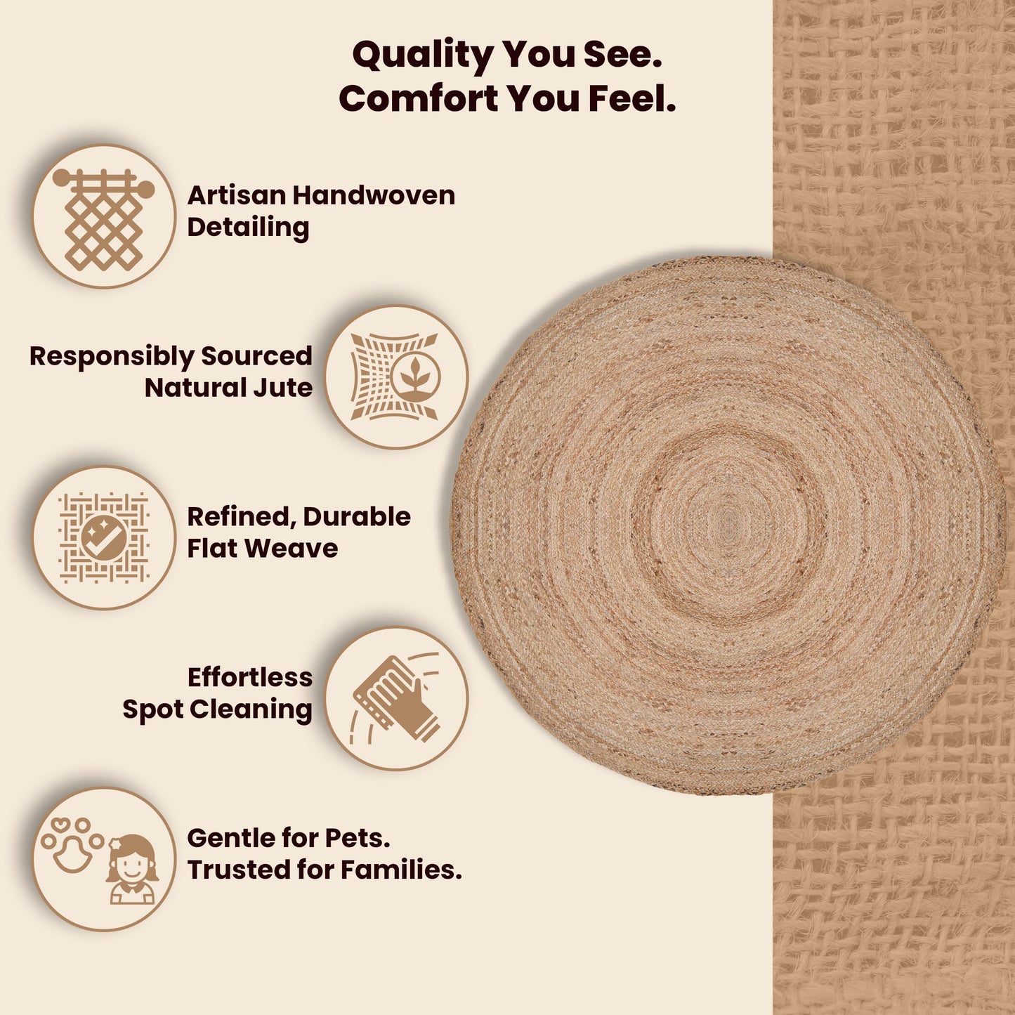Craft Trade 5 Ft Braided Round Jute Rug – Natural Fiber Handwoven Carpet for Living Room, Bedroom & Entryway – Eco-Friendly, Durable, Rustic Boho Floor Decor (Beige/Natural)